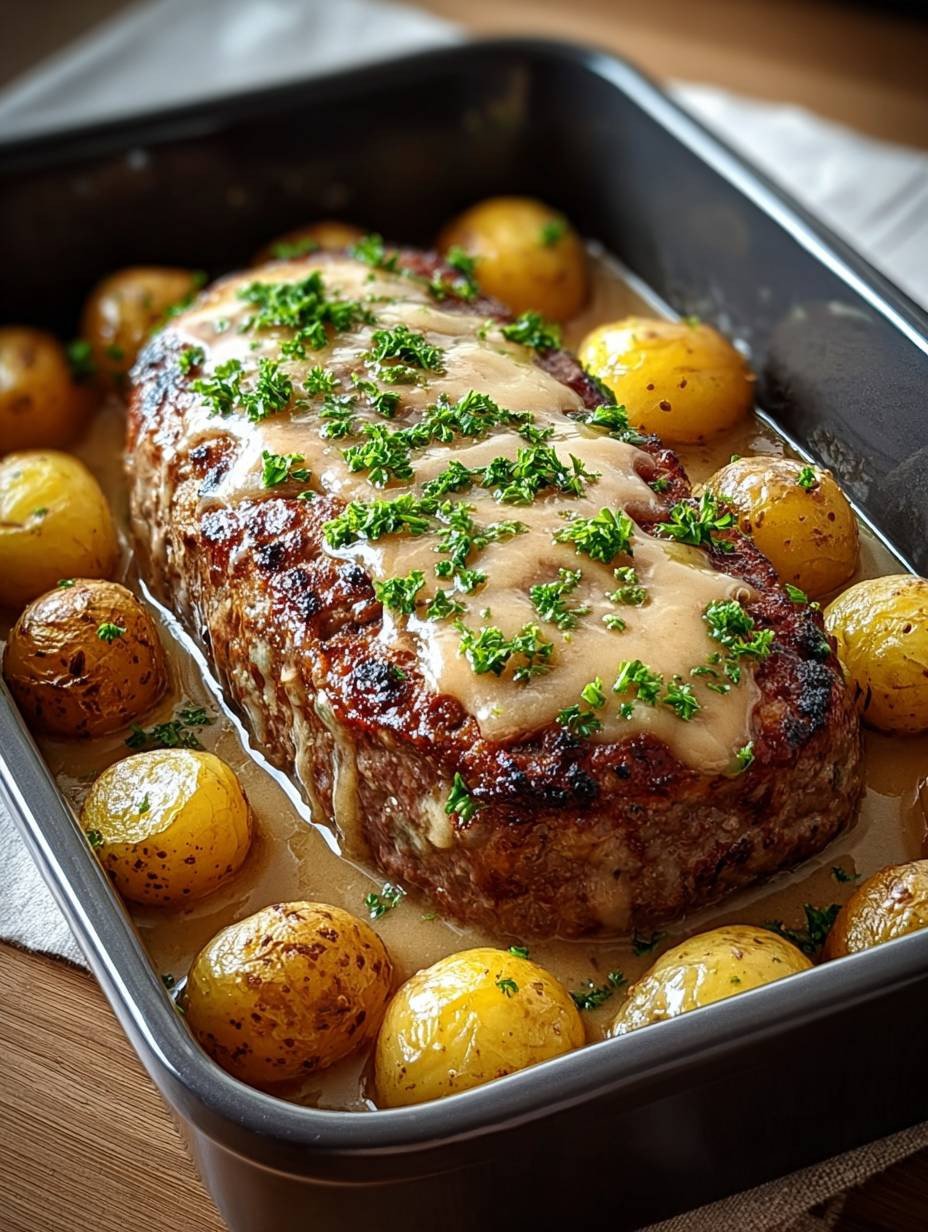 Goldbrauner Hackbraten mit Rahmsauce und Ofenkartoffeln image 2